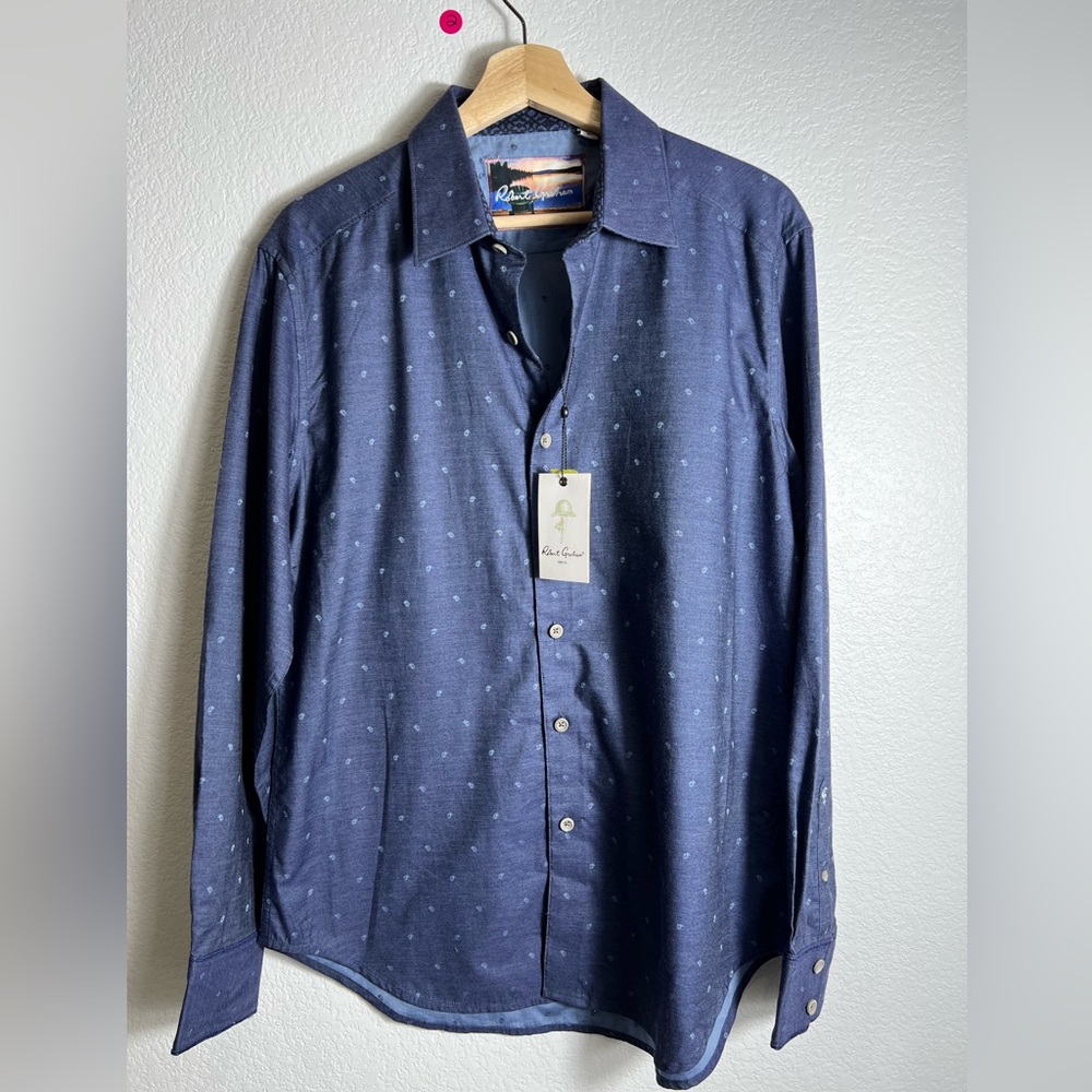 Robert Graham Navy Blue Slim Fit Button-Down Shirt with Subtle Dot Print